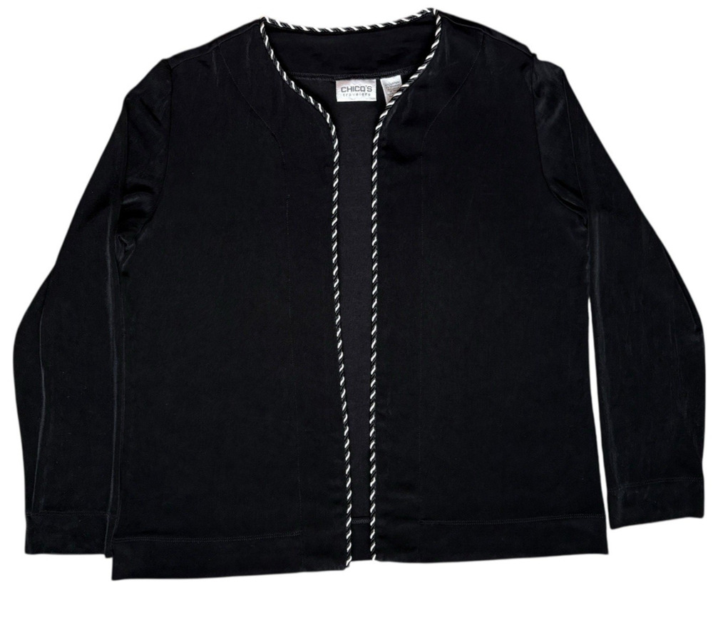Chicos Travelers Black Open Front Stretch Cardigan Rope Trim L (Chicos 2)